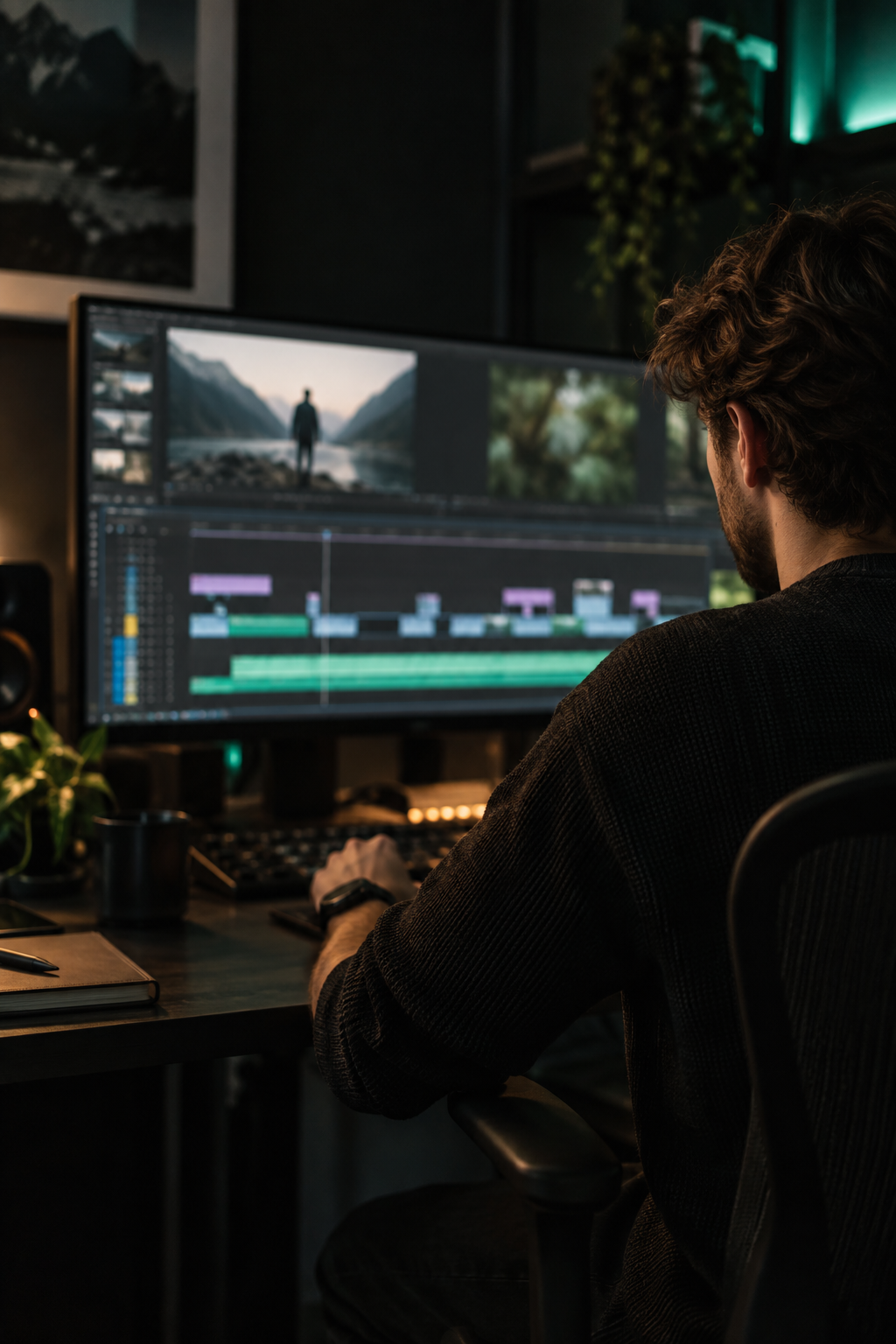 Creative professional editing video in a studio